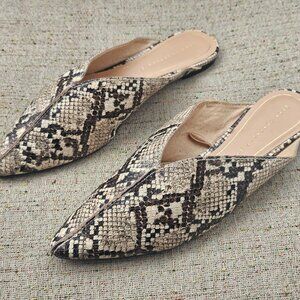 ZARA Women Snakeskin Print Almond Toe Mules Open Back Brown Faux Leather Flat